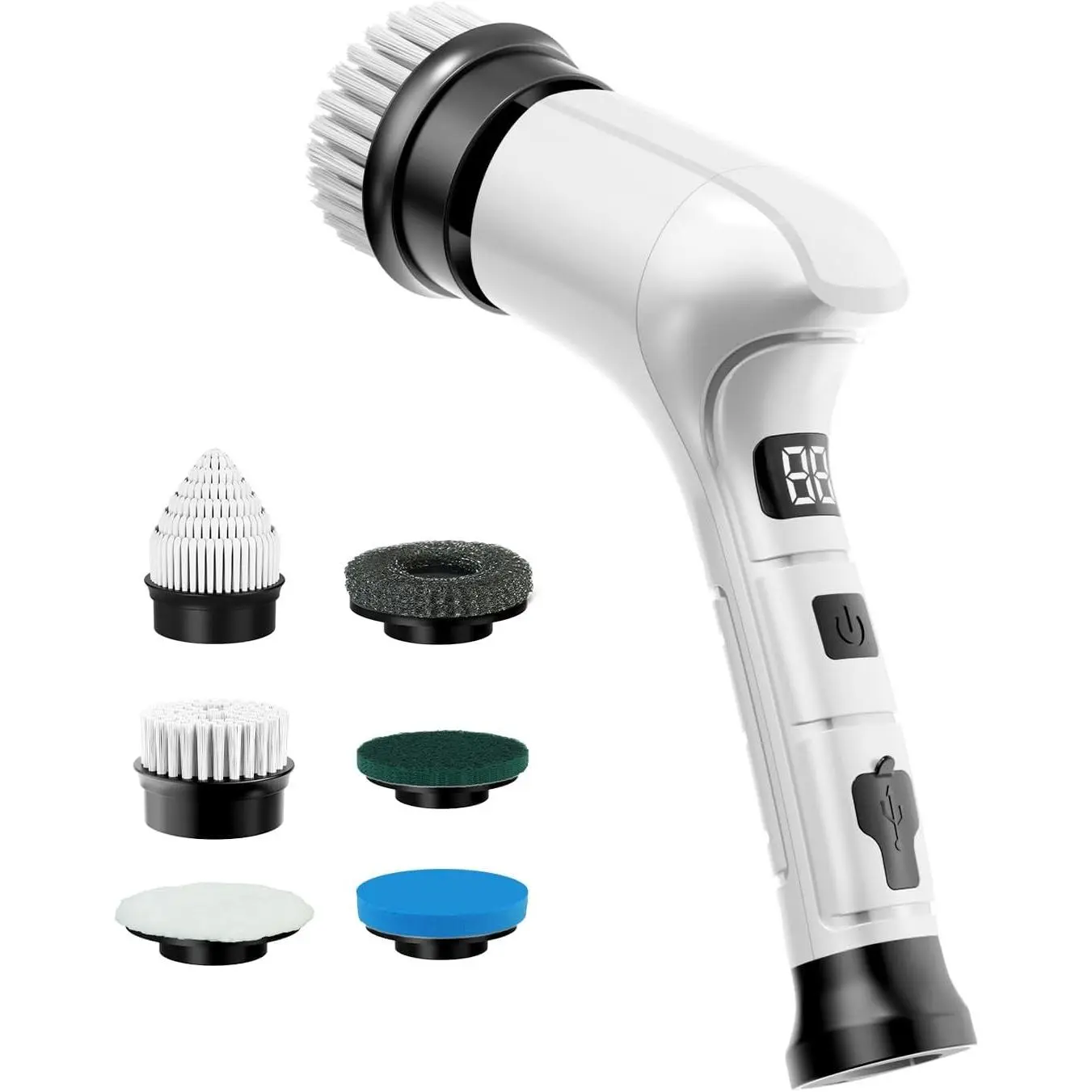 Electric Spin Scrubber, Cordless Household Cleaning Brush with 6 Replaceable Heads, 3 Speeds, LED Display, Lightweight Handheld Power Scrubber for Stove, Bowl, Sink, Corner, Tile, and Grout - WhiteGift