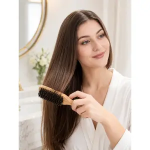Boar Bristle Slick Back Hair Brush for women and men, wooden handle smoothing brush for sleek ponytail bun, edge control, flyaway taming, baby hair finishing, beard grooming and thick or thin hair styling, compact heatless hair care accessory for bathroom