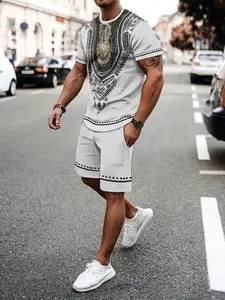 Men's Two-Piece Tribal Ethnic Geometric Print Sports Set, Round Neck Short Sleeve Tee & Drawstring Shorts, Summer Vacation Streetwear