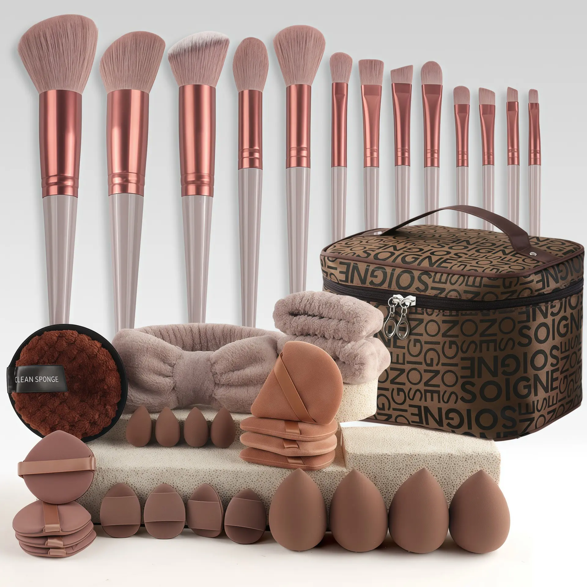Professional Makeup Brush Set, Includes Beauty Sponge, Velvet Powder Puff, Bow Face Mask, Travel Makeup Bag, Gift Box for Beginners