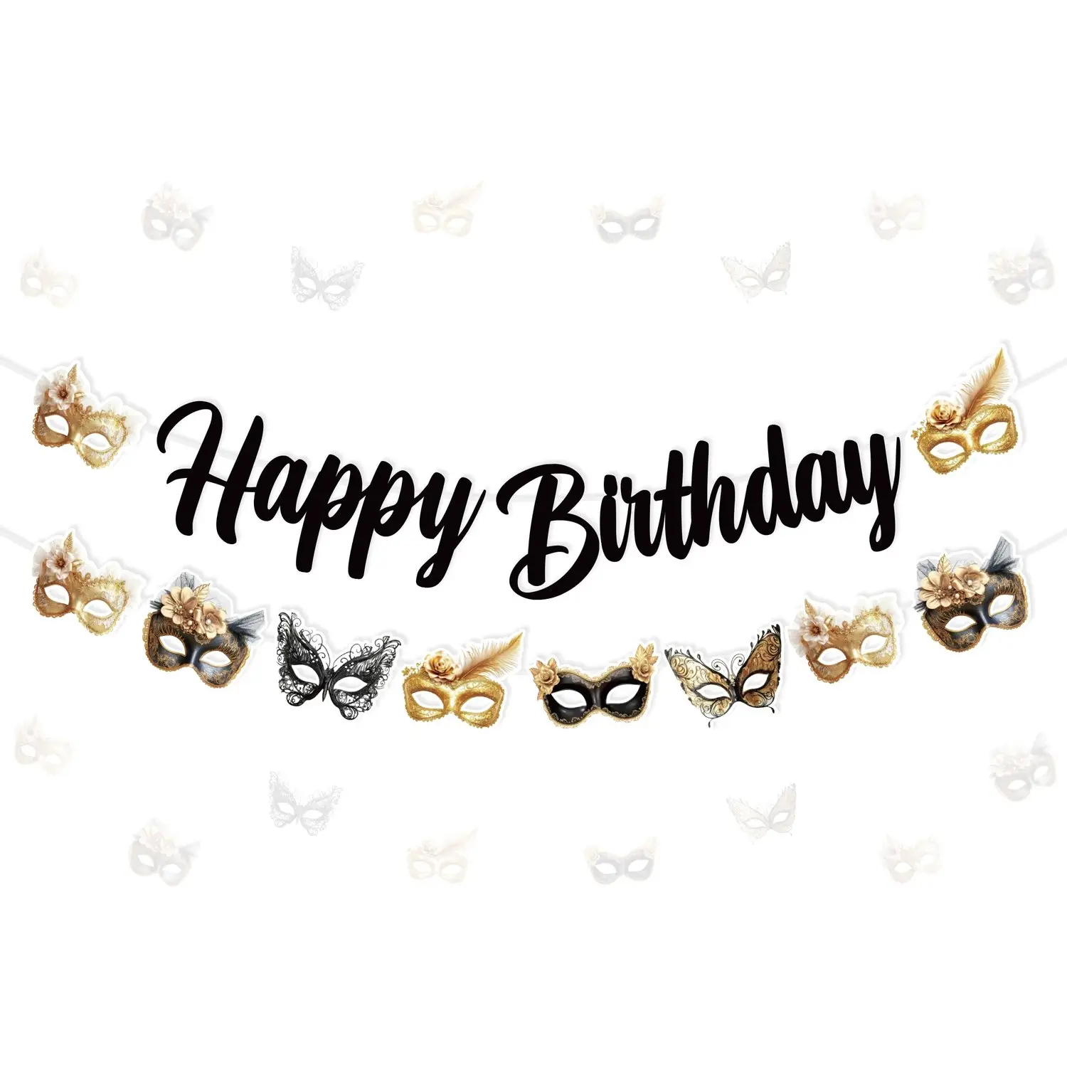 1Set Masquerade Happy Birthday Banner with Masquerade Banner Masquerade Ball Birthday Party Decorations for Women Carnival Dance Party Photography Background Supplies