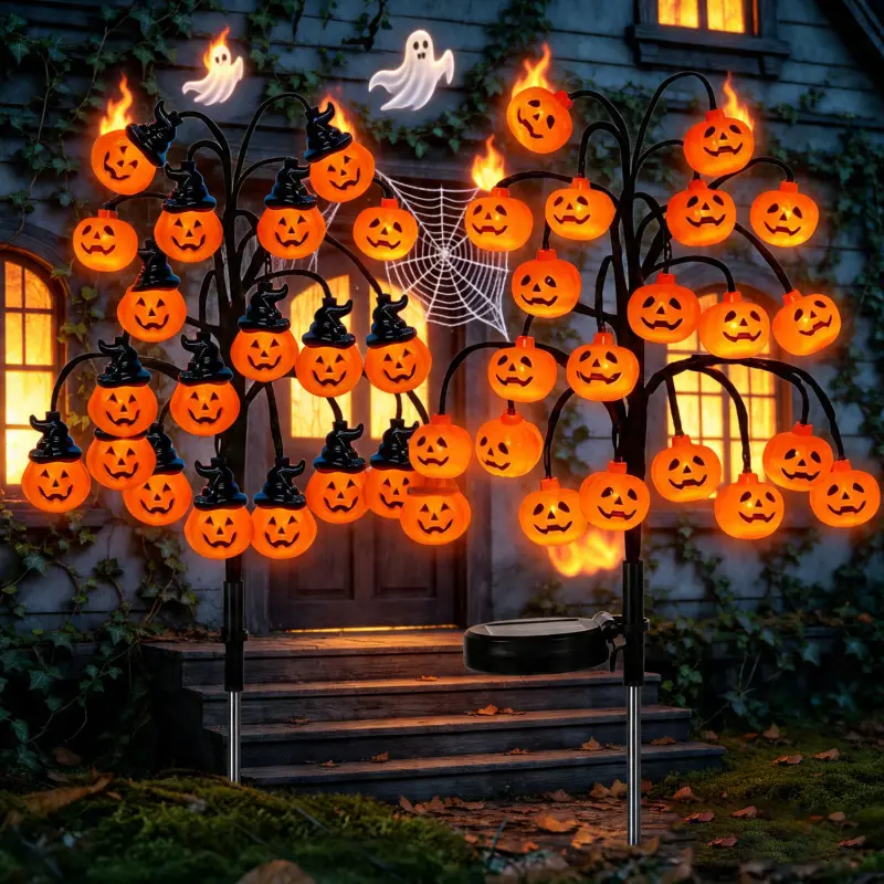 Halloween Themed Solar Powered Pumpkin Branch Stake Lights, Auto Dusk to Dawn Warm LED Pathway Lamp for Courtyard Driveway Front Yard Holiday Scene Decoration,HalloweenDecor,HalloweenLights,FestivalDecor,HalloweenParty