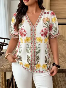 Plus Size Women's V Neck Printed Casual Shirt, Comfortable Loose Lantern Sleeve Pleated Design, Ideal for Daily Wear and Travel, Garden Party