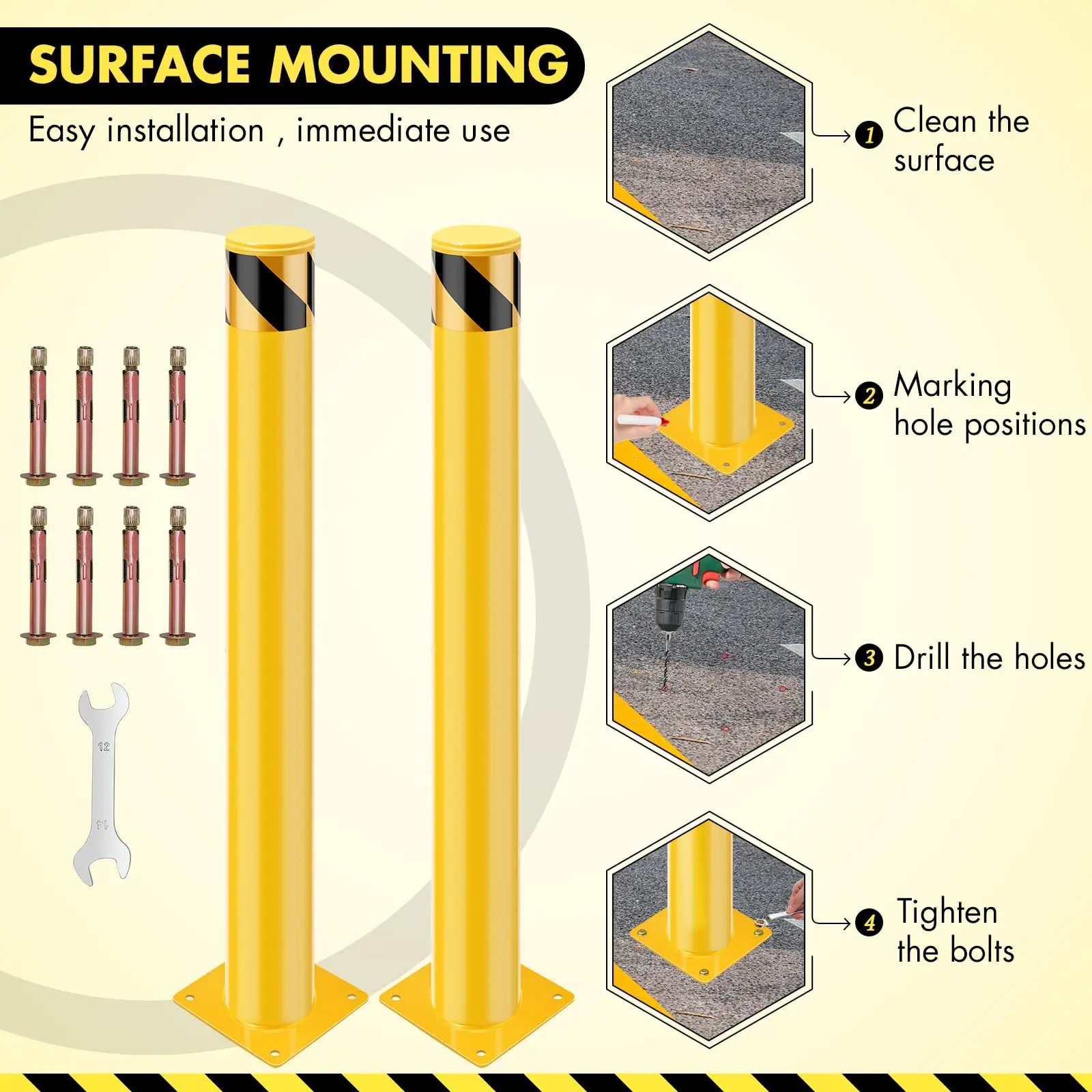 【Garvee】Heavy Duty Yellow Steel Safety Bollard Posts (Set of 4, 42" x 4.5 Inches Diameter) - Reflective Strips for High Visibility, Durable Business/Workshop Barrier, Impact-Resistant Crowd Control, Includes 16 Anchor Bolts