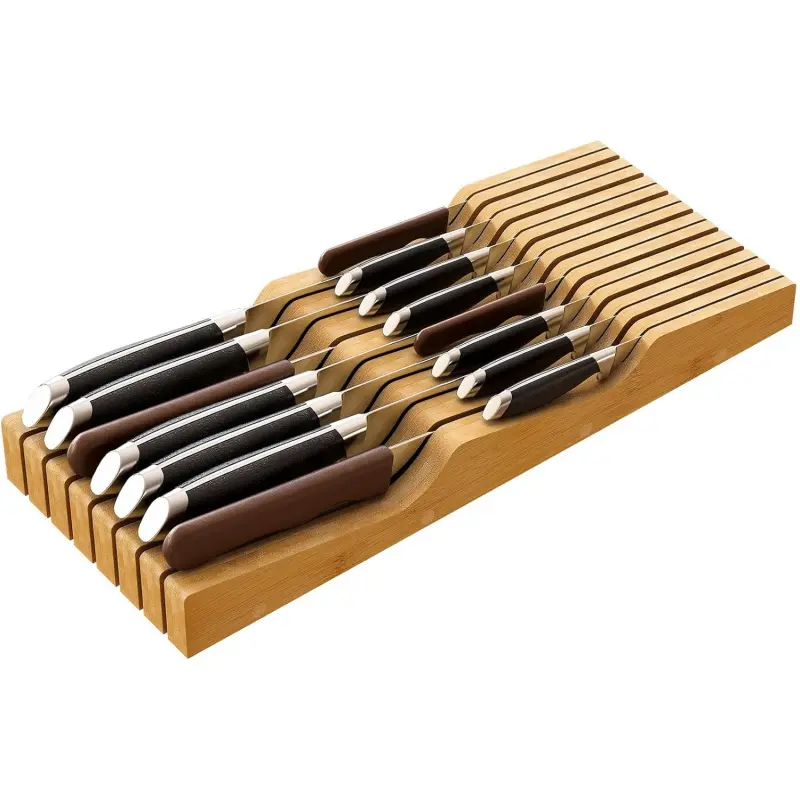 Large Kitchen Knife Drawer Organizer Insert, Bamboo Wood Knife Holder, Knife Block Hold up To 15 Knives