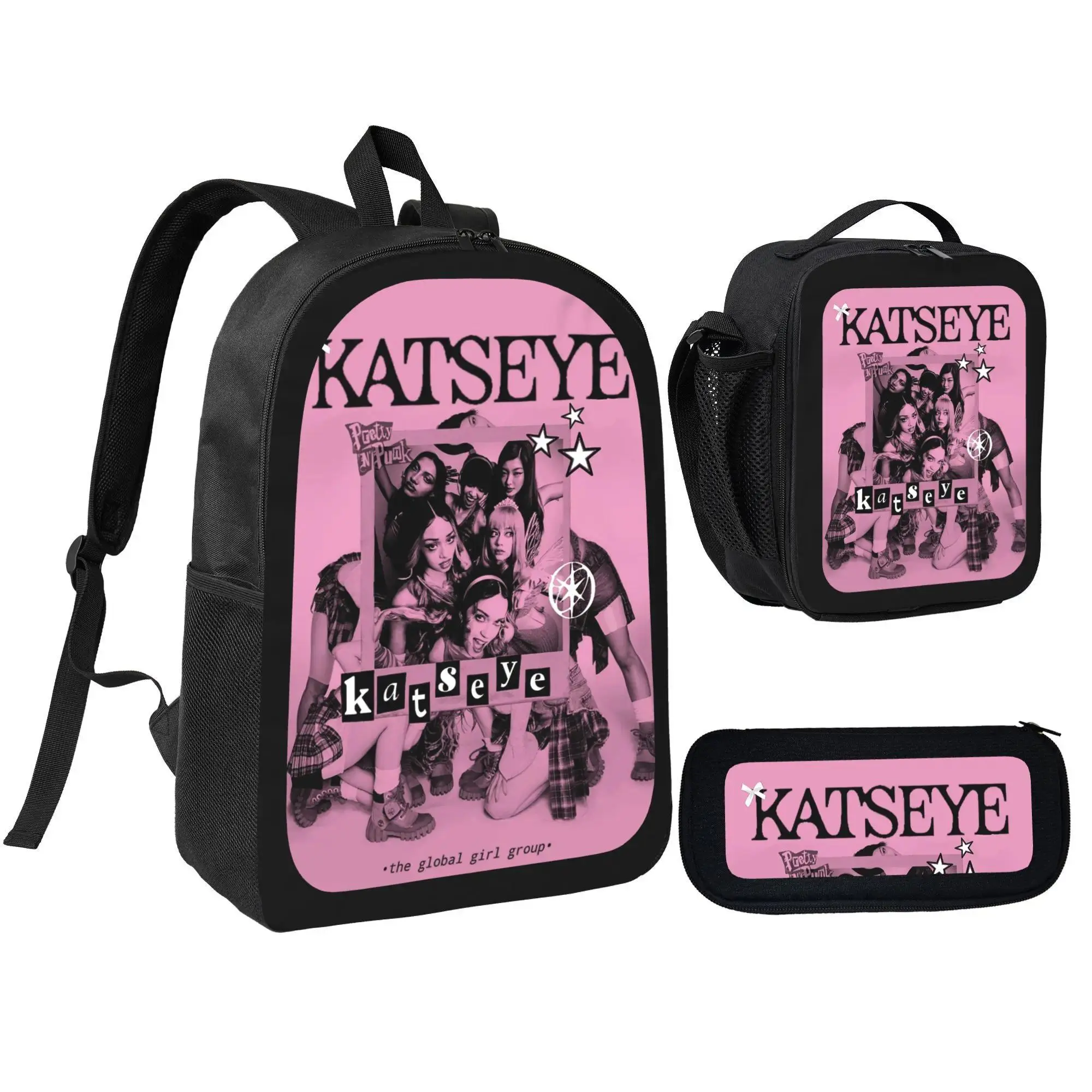 Katseye Print 3-in-1 Backpack Set - Black Fan Club Graphic Backpack with Insulated Lunch Bag, Pencil Case, Lunch Bag Gift for Teen Girls, Fan Club Graphic Backpacks