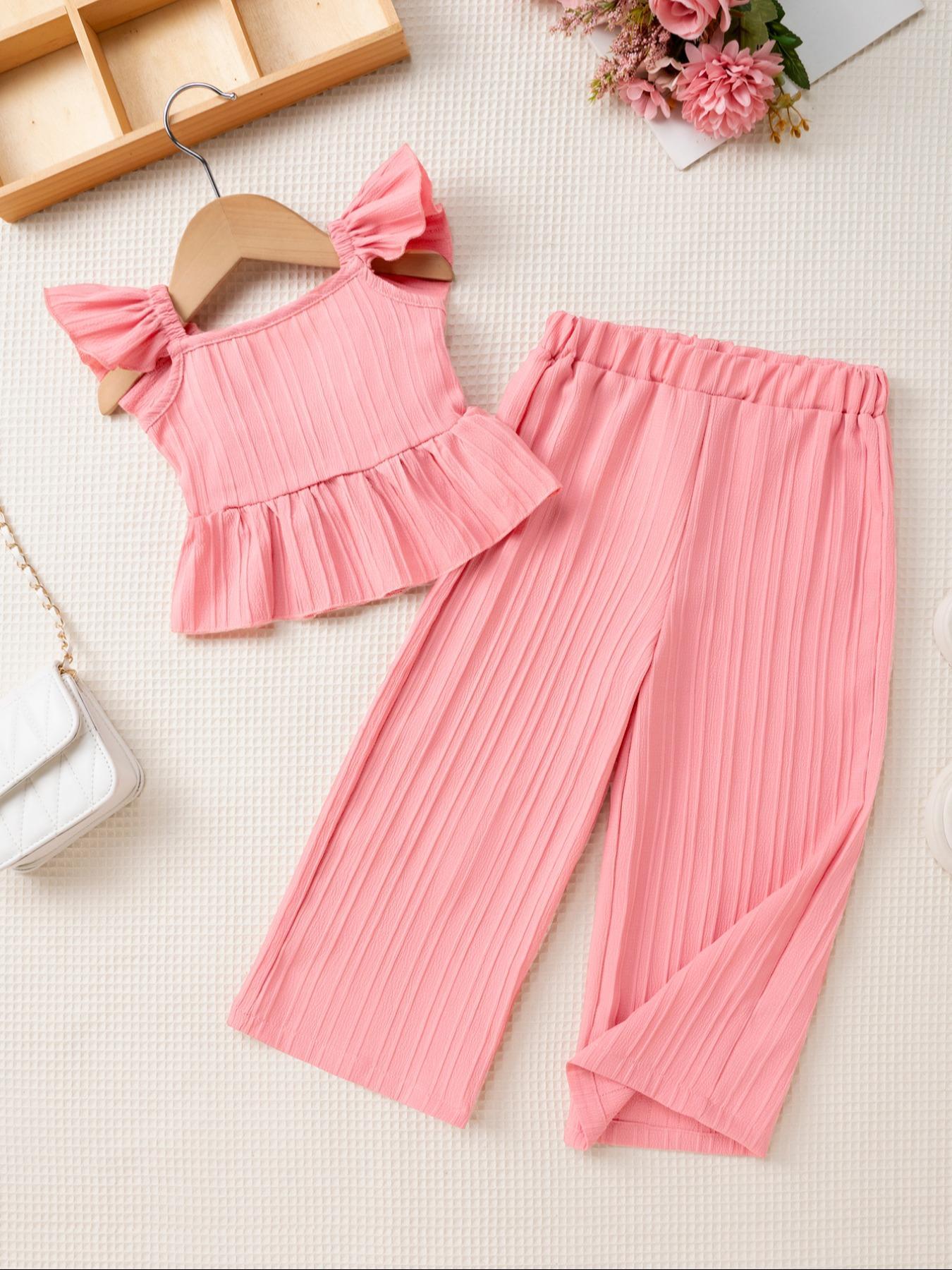 Two-Piece Set Toddler Girl's Solid Ruffle Trim Top & Wide Leg Pants Set, Casual Elegant Square Neck Top & Trousers for Daily Outdoor Wear, Kids Clothes for Summer, Fashion Style Sets