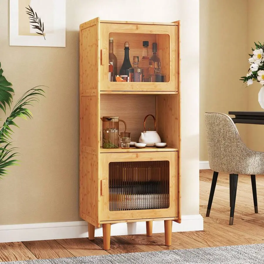 Bamboo Cabinet Narrow Kitchen Storage Cabinet W/ Open Compartment & Storage,chabuildreark,farmhouse,coffee bar cabinet,lockable,,drawer,dresser,,unit,,jewelry,armoire,,tower,,cabinets,bathroom,mirror,wooden,organizer,load,capacity,,hall,tree,