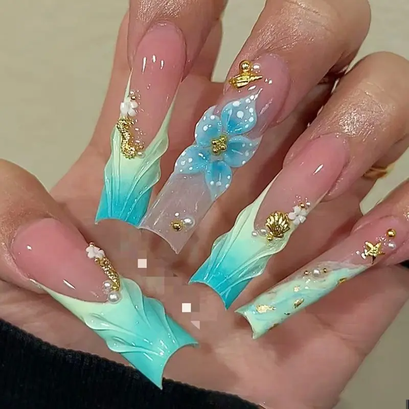 24pcs Ocean Shell Starfish Pearl Gold Foil Long Square False Nails, Includes Jelly Glue & File, Perfect for Parties, Office, School, Nail Art, Decorative Nails