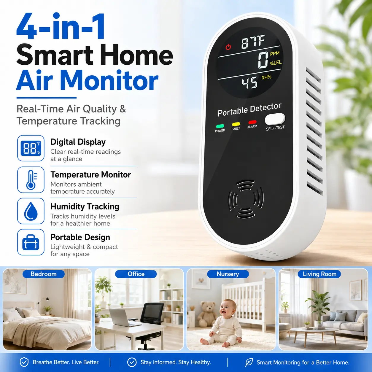4-in-1 Modern Compact Smart Home Multi-Sensor Air Quality & Temperature Monitor with Real-Time LCD Digital Display, Indoor Use Environmental Tracker for Bedrooms, Offices, Lcd Display, Real-Time Track