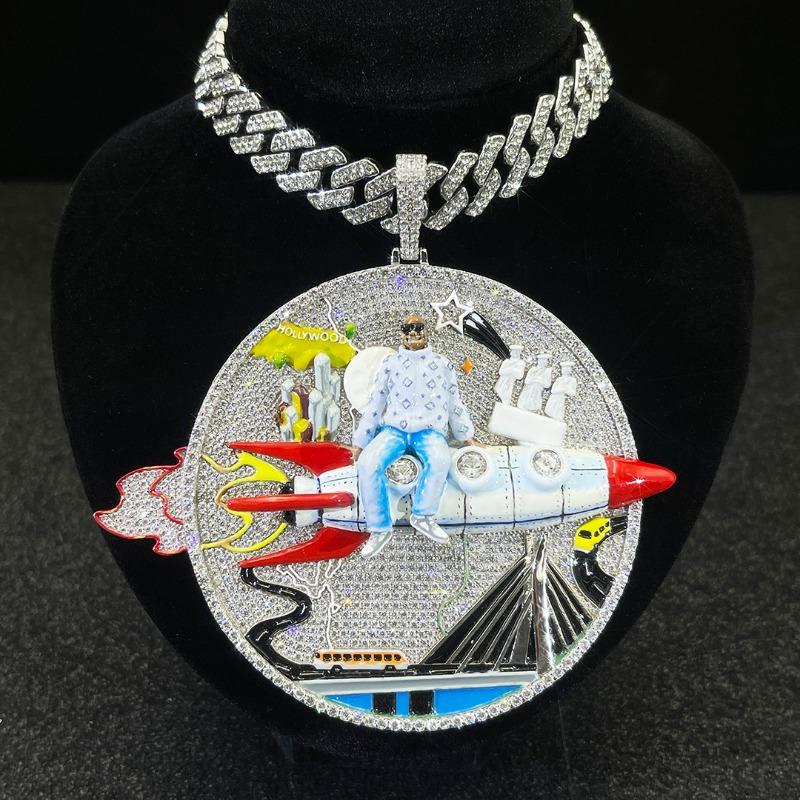 Huge Iced Out 3D Rocket Man Enamel Medallion Pendant, Colorful Cityscape Hip Hop Statement Jewelry, 925 Silver Tone with 4mm Rope Chain Huge Iced Out 3D Rocket Man Enamel Medallion Pendant, Colorful Cityscape Hip Hop Statement Jewelry, 925 Silver Tone with 4mm Rope Chain