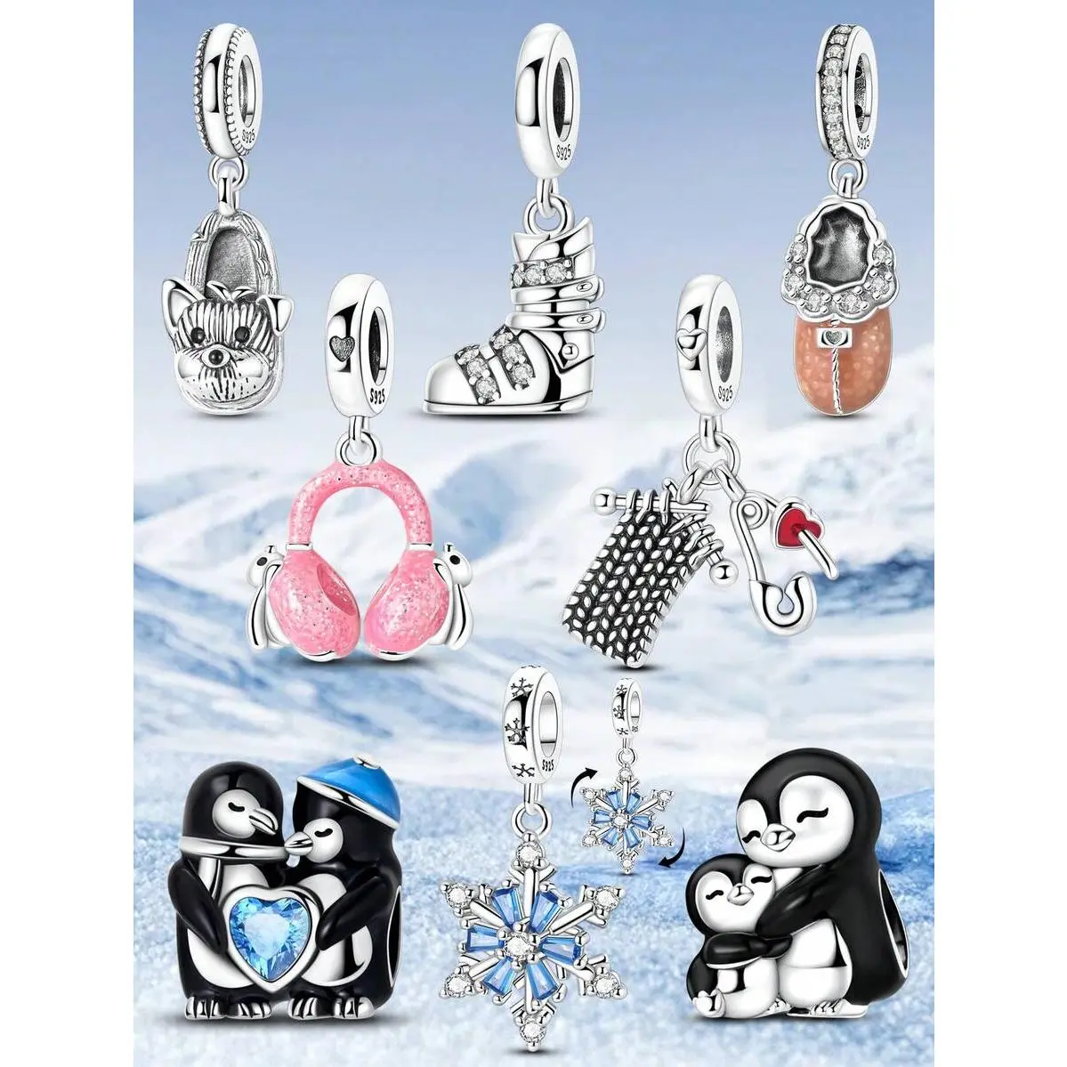 Winter Themed Enamel Zirconia Charm Set Silver Plated DIY Xmas Gifts
