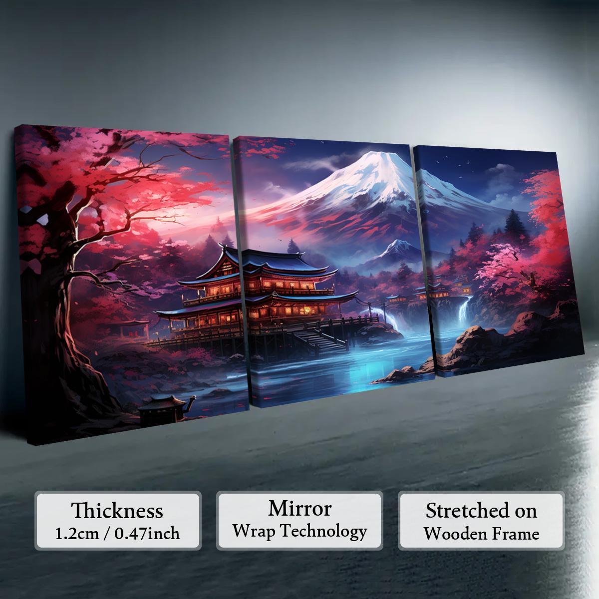 Wooden Framed Canvas Painting, 1-3 Counts/set Water Proof Japanese Style Scenery Canvas Poster, Modern Art Wall Decoration, Home Wall Decor