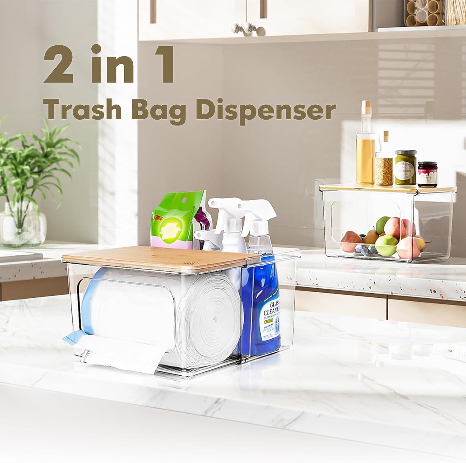 Trash Bag Dispenser Holder - 2 in 1 Clear Acrylic Plastic Garbage Bags Container With Bamboo Lid Storage Box for Kitchen Pantry Laundry Room Organization, Large Trash Bag Organizer Under Sink Organizing Stainless Steel Bins