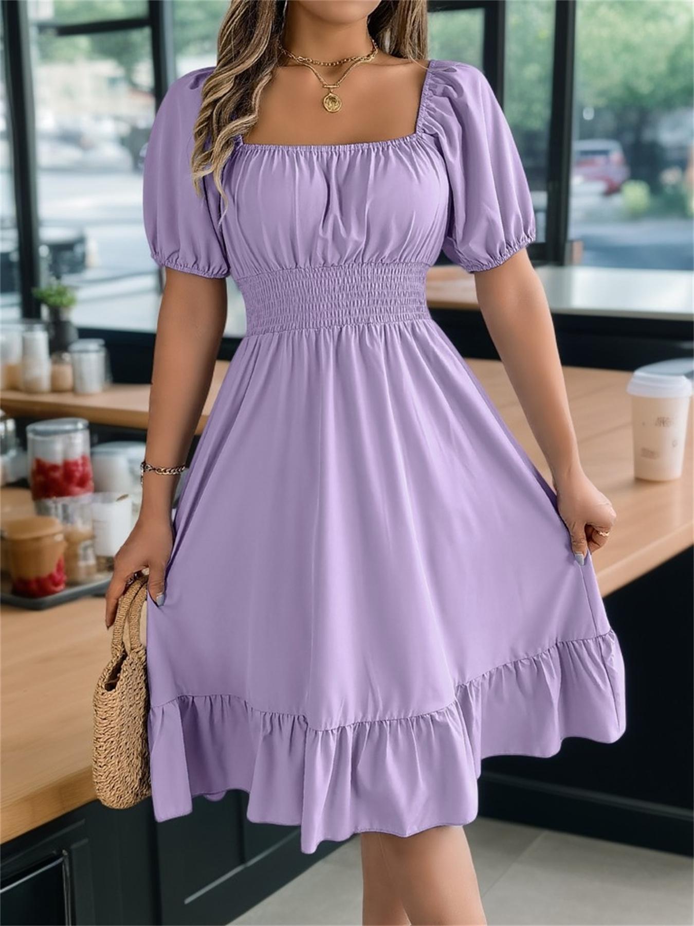 Women's Plain Ruffle Hem Shirred A Line Dress. Casual Fashion Dress. Casual Puff Sleeve Square Neck Knee Length Dress for Summer. Women's Clothing for Daily Wear