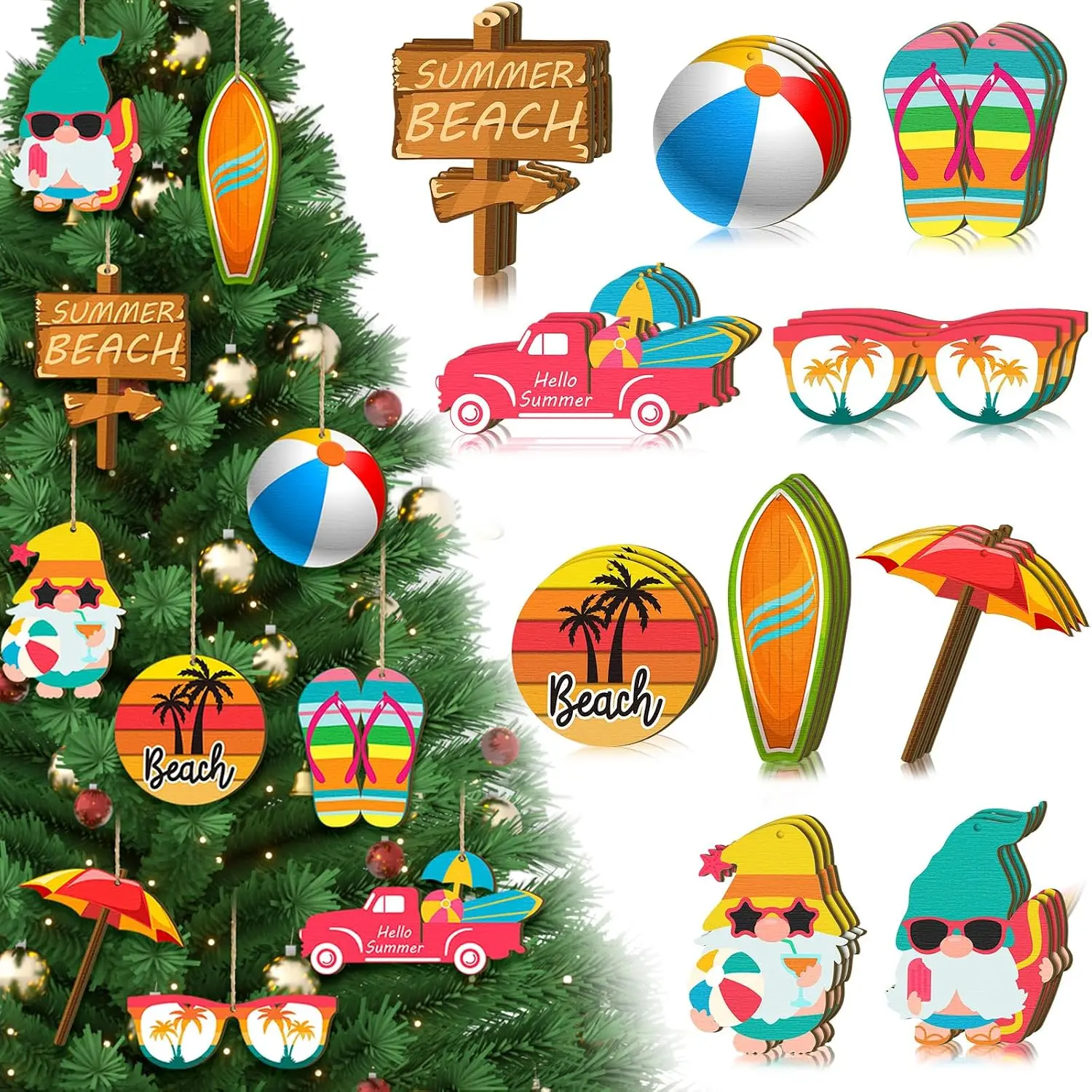 30 count Summer Tree Ornaments  Beach Themed,Beach Style | Hawaiian Luau Party Decor,  with String,  Surfboard Flip Flops Beach Ball Designs, Christmas July Decorations