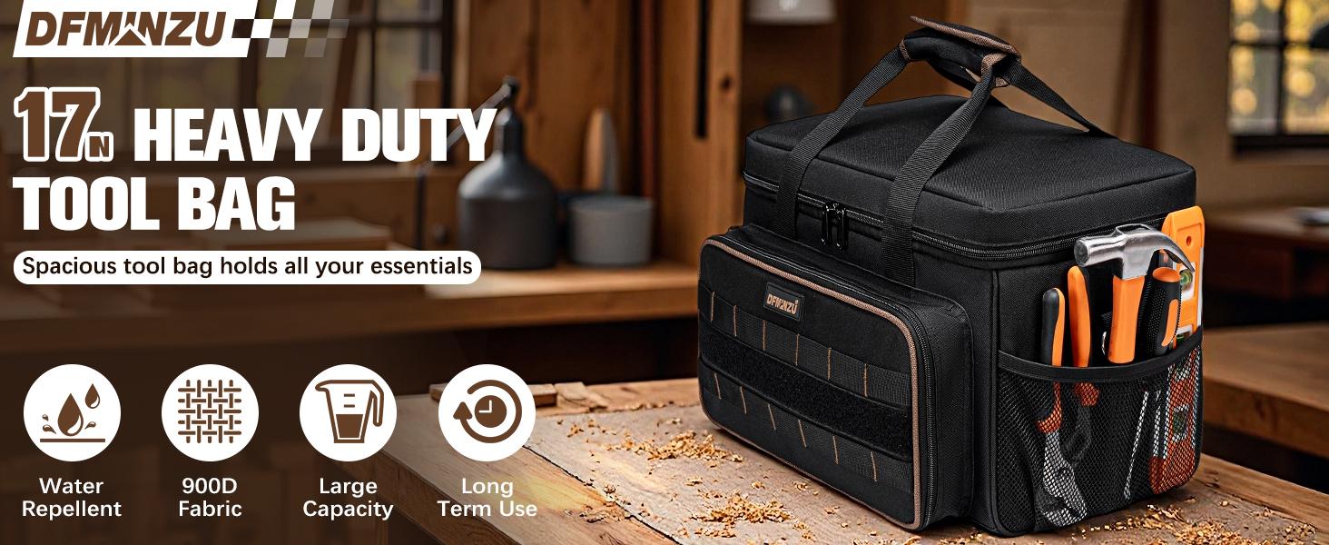 17 Inch for Men, 20 Pockets Tool Bag with Shoulder Strap, Wide Mouth Tool Bag Organizer for Electricians Mechanics Carpenters HVAC