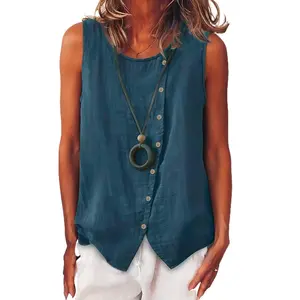 Women Loose Sleeveless Tank Top Bohemian Side Single Row Button Shirt Holiday Outfit