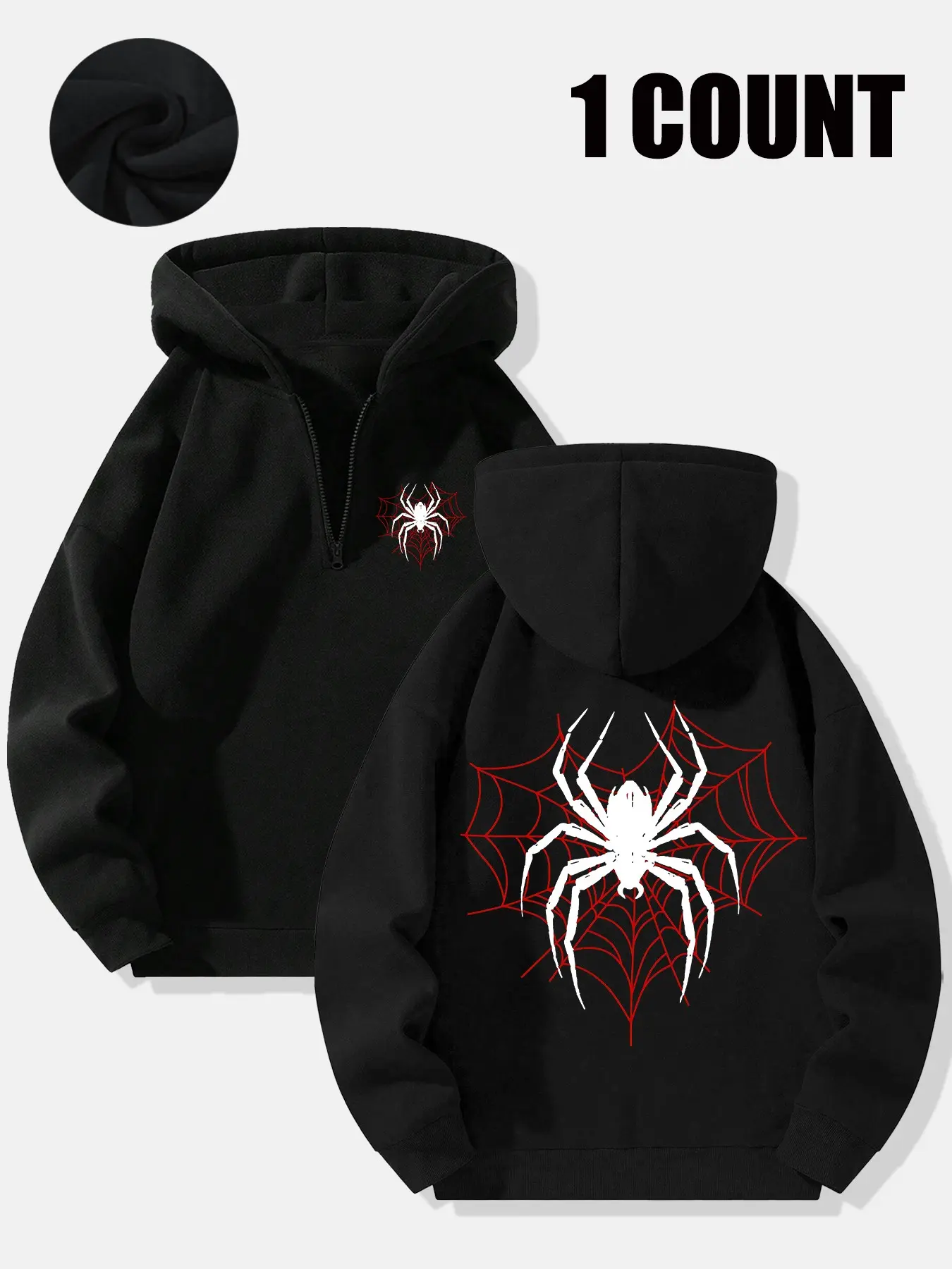 Men's Y2K Retro Streetwear Quarter Zip Hoodie, Casual Oversized Loose Fit Sweatshirt, Spider & Red Web Front & Back Graphic Print, Black Dark Fashion Trendy Hooded Top