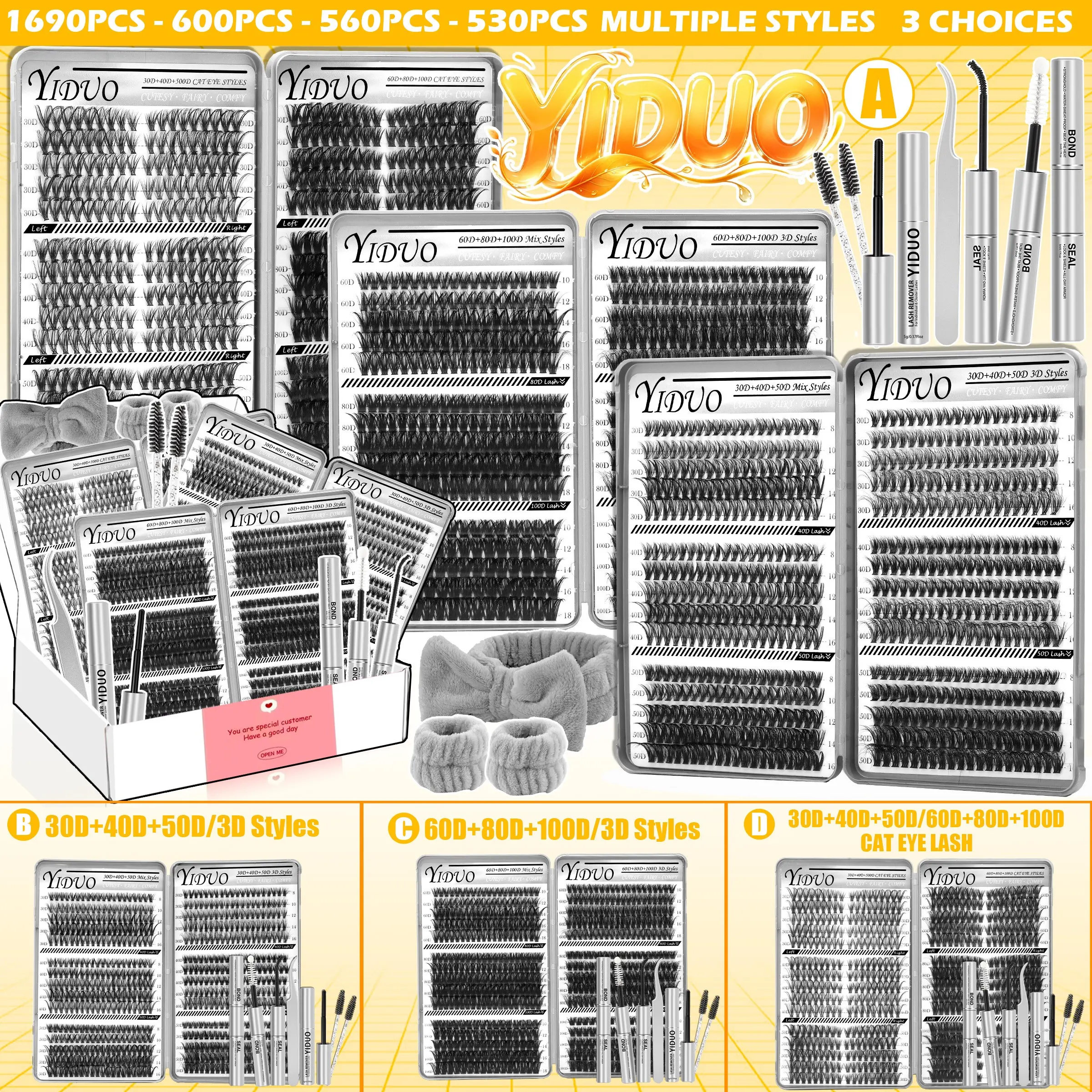 YIDUO 1690Pcs Eyelash Clusters Kit – DIY Volume Eyelashes 30D/40D/50D/60D/80D/100D & 3D Styles, D Curl DIY Individual Lashes with Lash Bond, Seal, Tweezers, Remover and Brush, Volume Lash Extensions Set