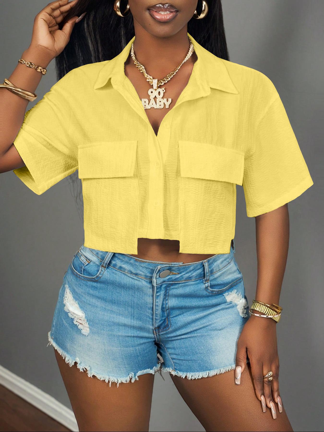 Women's Solid Color Short Sleeve Shirt, Casual Elastic Pocket Design Crop Top for Summer, Women's Clothing for Daily Wear, Casual Comfy Shirt