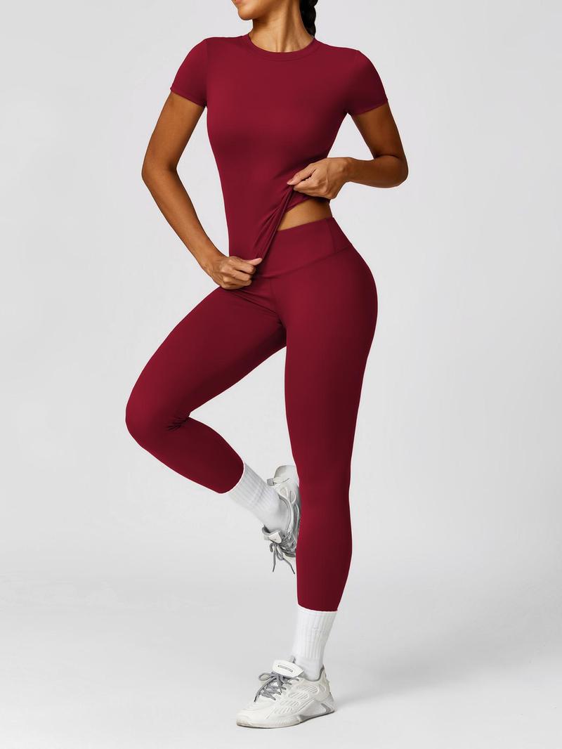 Women's Plain Round Neck Crop Tee & High Waist Leggings Yoga Set, Breathable Quick-Drying Short Sleeve T-Shirt & Skinny Pants Set for Gym Workouts and Running, Ladies' Sportswear for All Seasons, Athleisure Wear