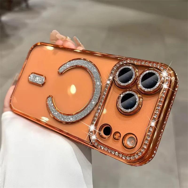 High-grade Glitter Rhinestones Phone Case For iPhone 17 16 15 11 12 13 14 Pro Max Plus Magsafe Magnetic Clear Lens Protect Cover