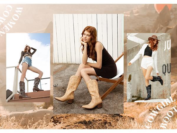 Women's Embroidered Western Cowboy Boots Fashion Pointed Toe Chunky Heel Mid Calf Cowgirl Boots