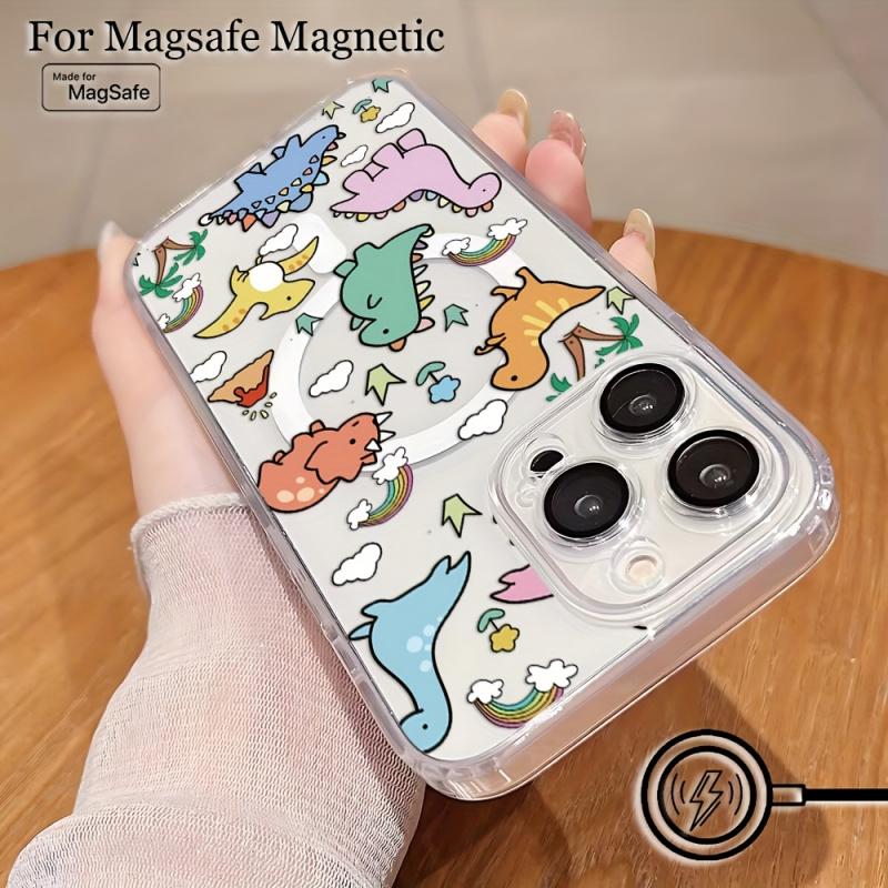 Cute Cartoon Dinosaur Pattern Phone Case Suitable for iPhone17 16 15 14 13 12 11  Transparent Magnetic Shockproof Soft TPU Back Cover, Phone Protection, Magnetic Attachment, Playful Design, Stylish Cover, Flexible Cover, Durable Material