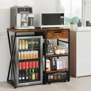 Space-Saving 3-Tier Mini Fridge Stand with Storage Shelf – Heavy Duty Kitchen Organizer with Built-in Power Outlet, Pull-Out Work Platform, Basket – 160lbs Capacity – Microwave and Coffee Bar Cabinet for Dorms, Apartments