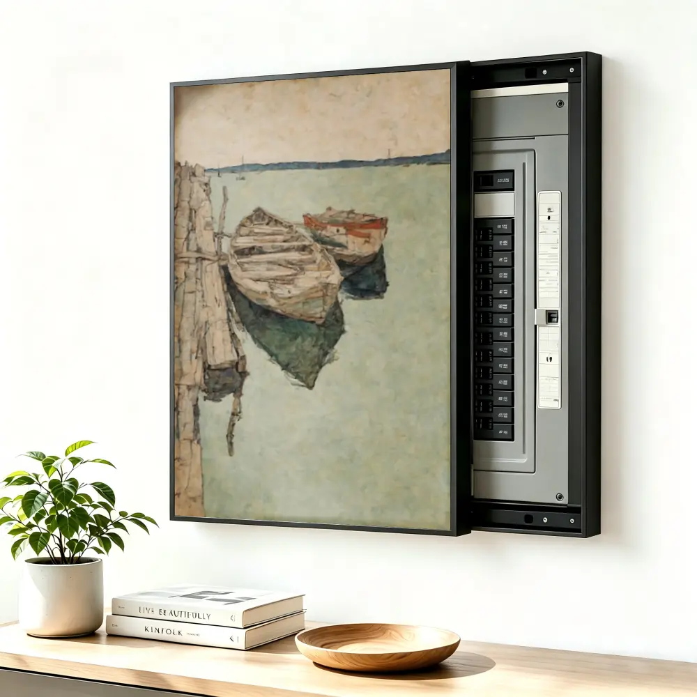 ElectricalPanel Cover Decorative Breaker Box Cover Fuse Box Cover Boats Moored By Dock Aluminum Alloy Frame With High Quality Canvas, LivingRoom Home Office
