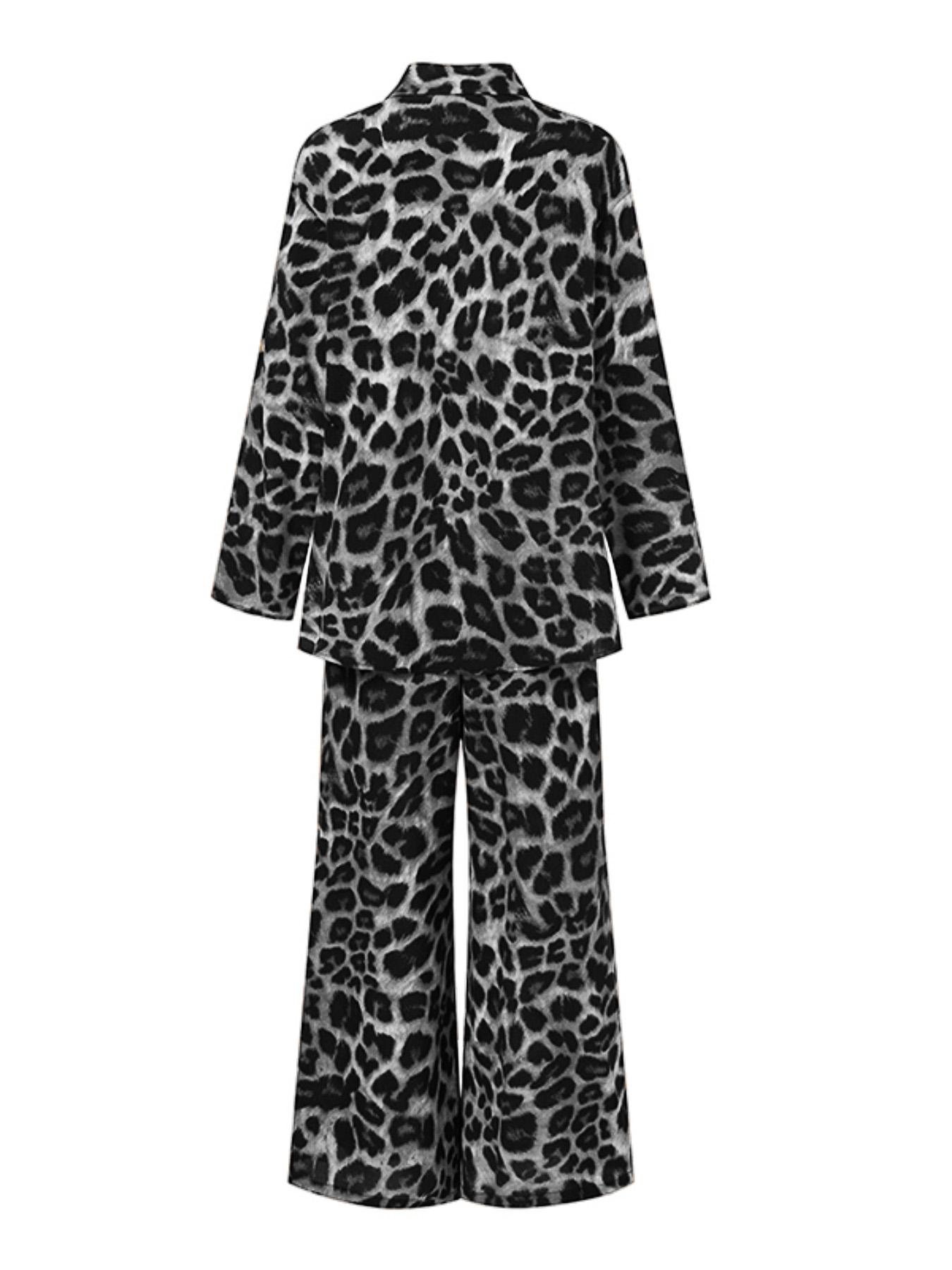 Two-piece Set Women's Leopard Print Button Front Shirt & Elastic Waist Wide Leg Pants, Casual Long Sleeve Pocket Collared Top & Tie Front Trousers for Daily Wear, Ladies Fall & Winter Clothes, Flared Pants Set
