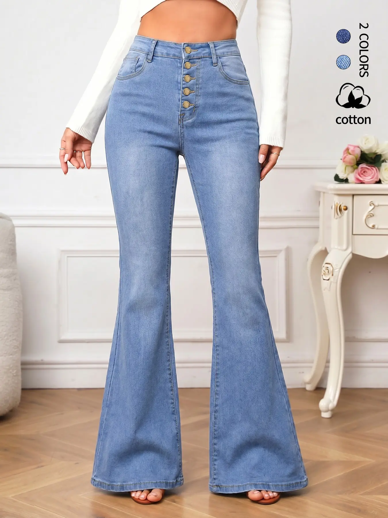 High-Waisted Butt-Lifting Flare Jeans, Elastic Micro-Flare Denim Jeans, Tummy Control, Button Fly, Casual Style, All Seasons