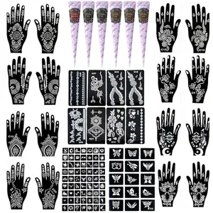 Natural henna temporary tattoo kit includes plant ink, hollow stencils & tattoo stickers. Waterproof safe body paint for men & women, perfect for DIY body art and party temporary tattoos.