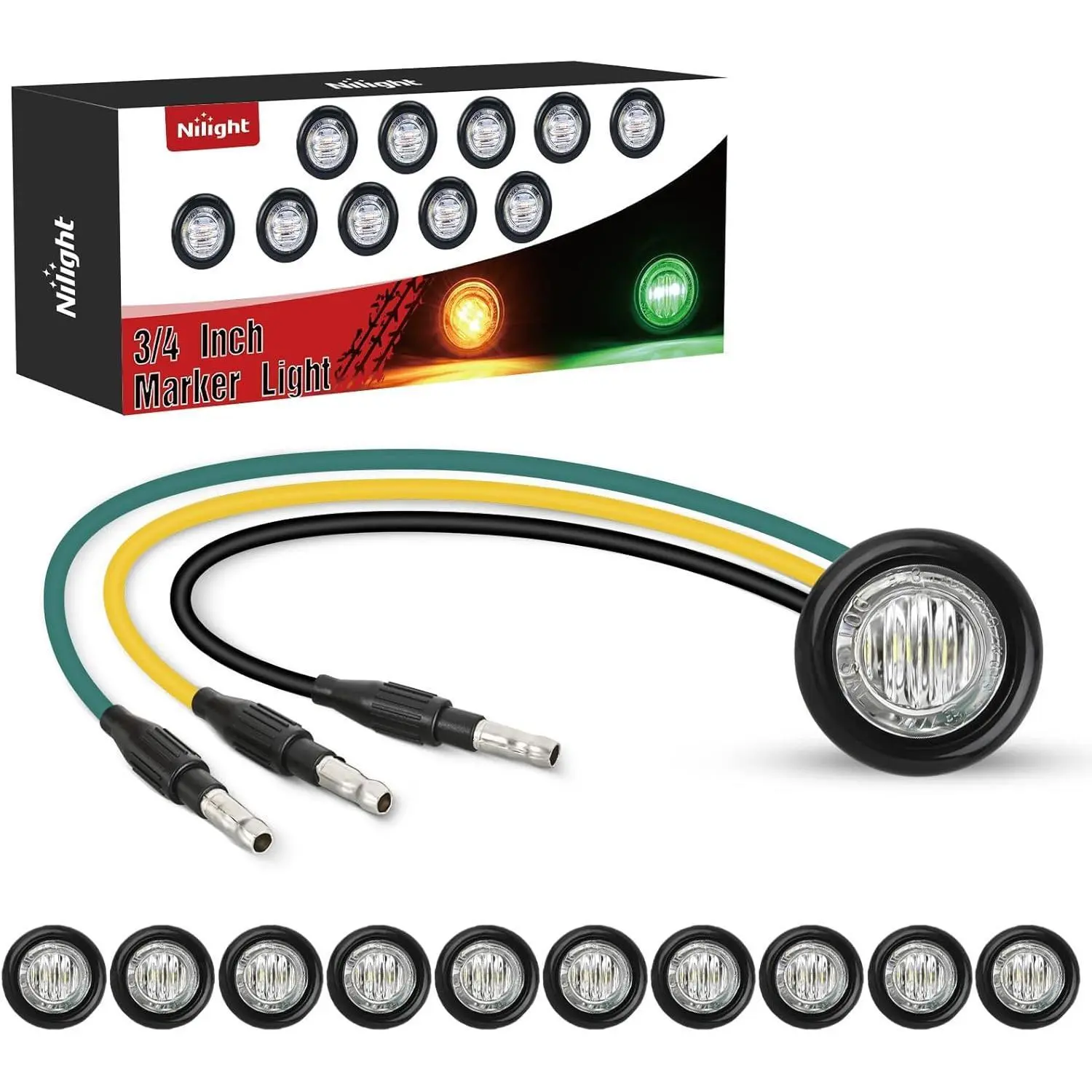 Nilight 3/4 in Dual Color Marker Lights (10PCS, 4 SMD LED Beads), Amber-to-Green Turn Signal Auxiliary Clearance Indicator Bullets with 18AWG Wire Gauge, 3-Plug IP68 Waterproof Wire-Included Driving/Trailer Lights for Trucks