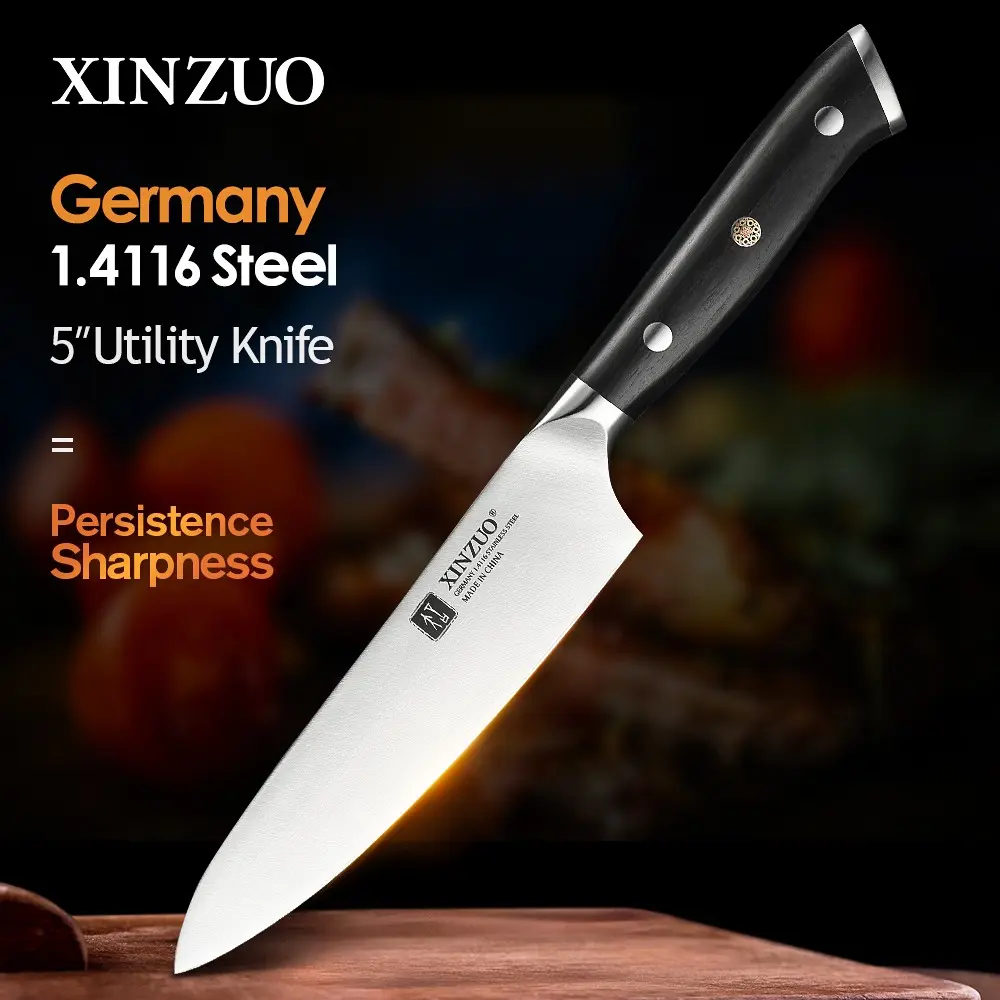 XINZUO Yu Series 5-Inch Utility Knife, German ThyssenKrupp 1.4116 Molybdenum Vanadium Steel, Exquisite Natural Ebony Handle (Optical Lens Process), 56-58 HRC, Handmade Gift Box