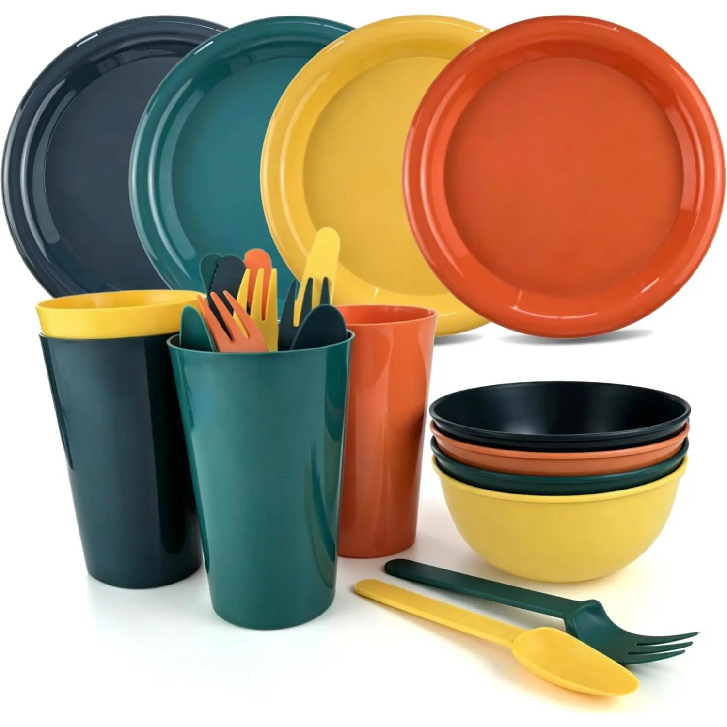 Plastic Plates and Bowls Sets Dinnerware Set Dishes Set for 4,College Dorm Room Essentials,Camping Plates and Bowls with Tumbler,,Forks and Spoons,Mess Kit,Microwave Safe,-Multicolor