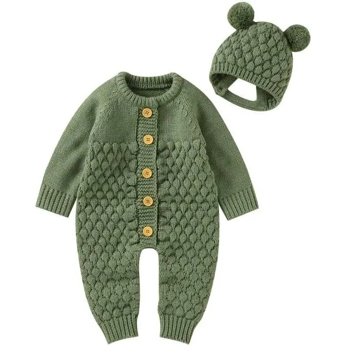 Baby Cotton Knit Long-Sleeve Sweater Romper & Warm Hat Set, Newborn-Infant Toddler Outfit