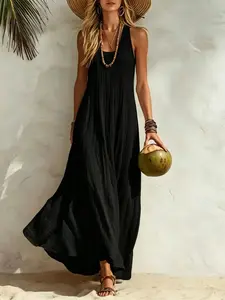 Women’s Sleeveless Maxi Dress, Casual Loose Fit Bohemian Beach Dress with Pockets, Flowy Cotton Linen Textured Long Dress for Vacation
