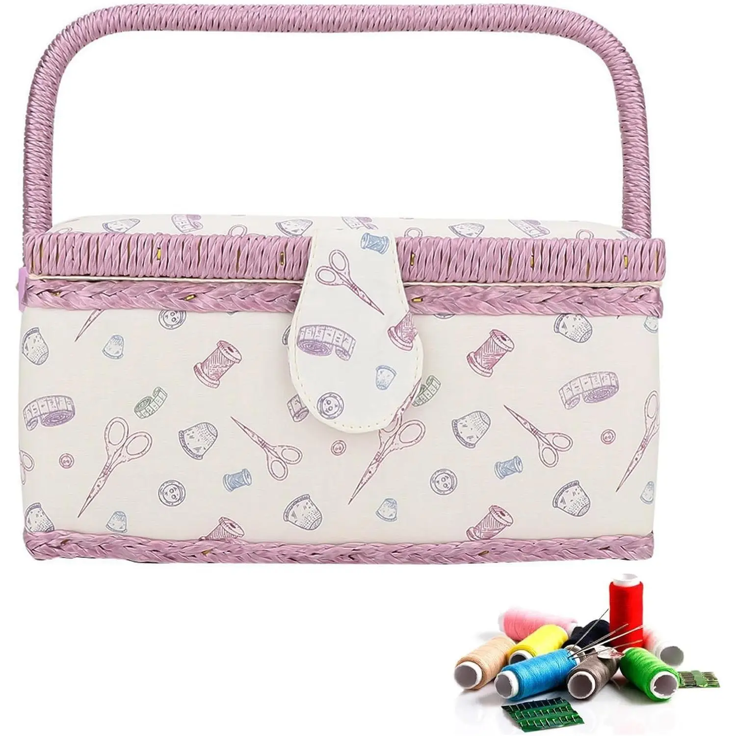 Sewing Basket Classic Fabric Sewing Kit Storage Box Vintage Sew Supplies Storage DIY Crafting Accessories Large Embroidery Box with Organizer Tray Compartment 9.6 x 7.1 x 5.1 inches