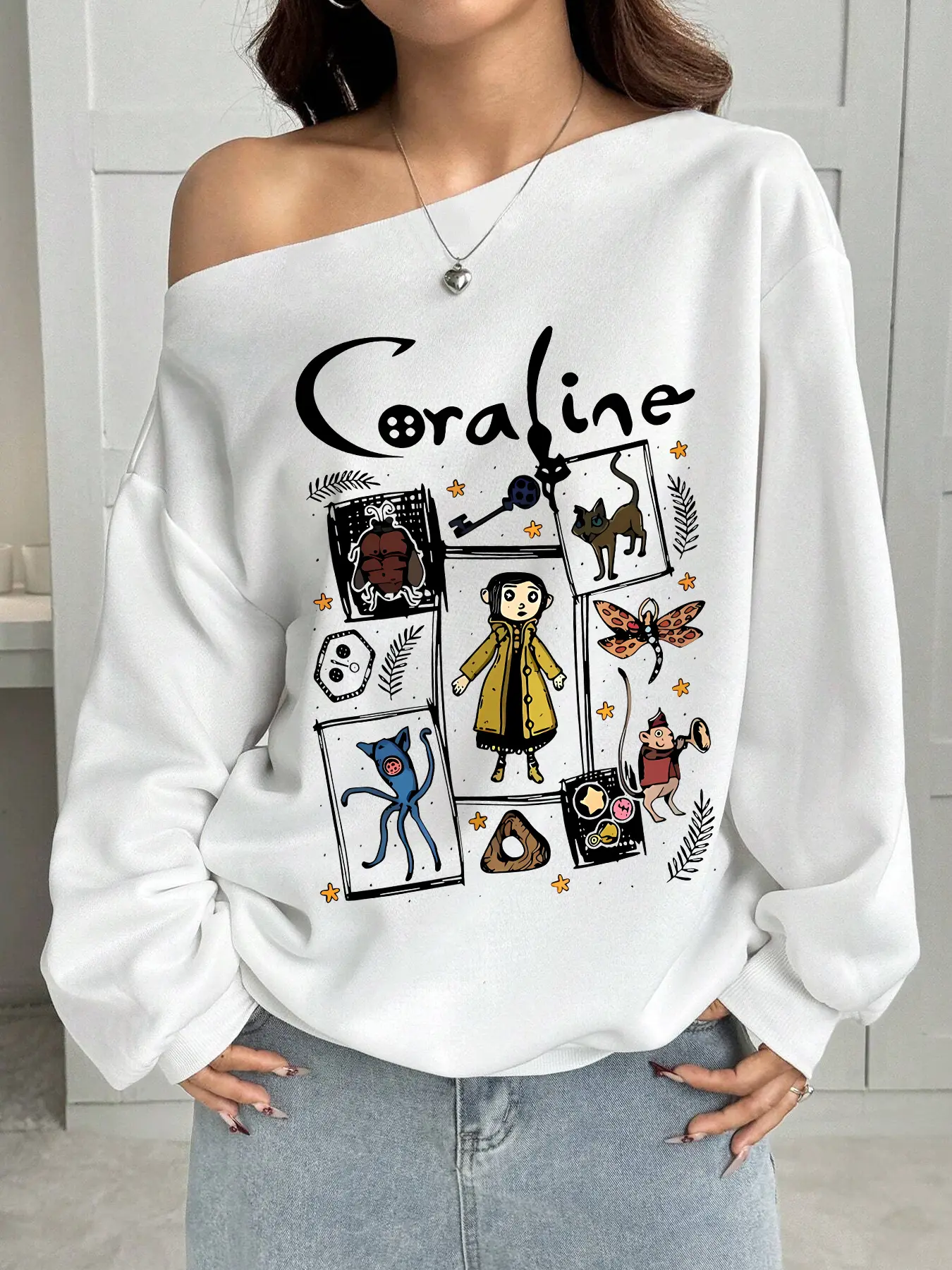 Women's Casual Loose Fit Y2K Style Top, Long Sleeve, Cartoon Print, Shoulder Cut Out Design, Perfect for Parties & Fall Winter Wear