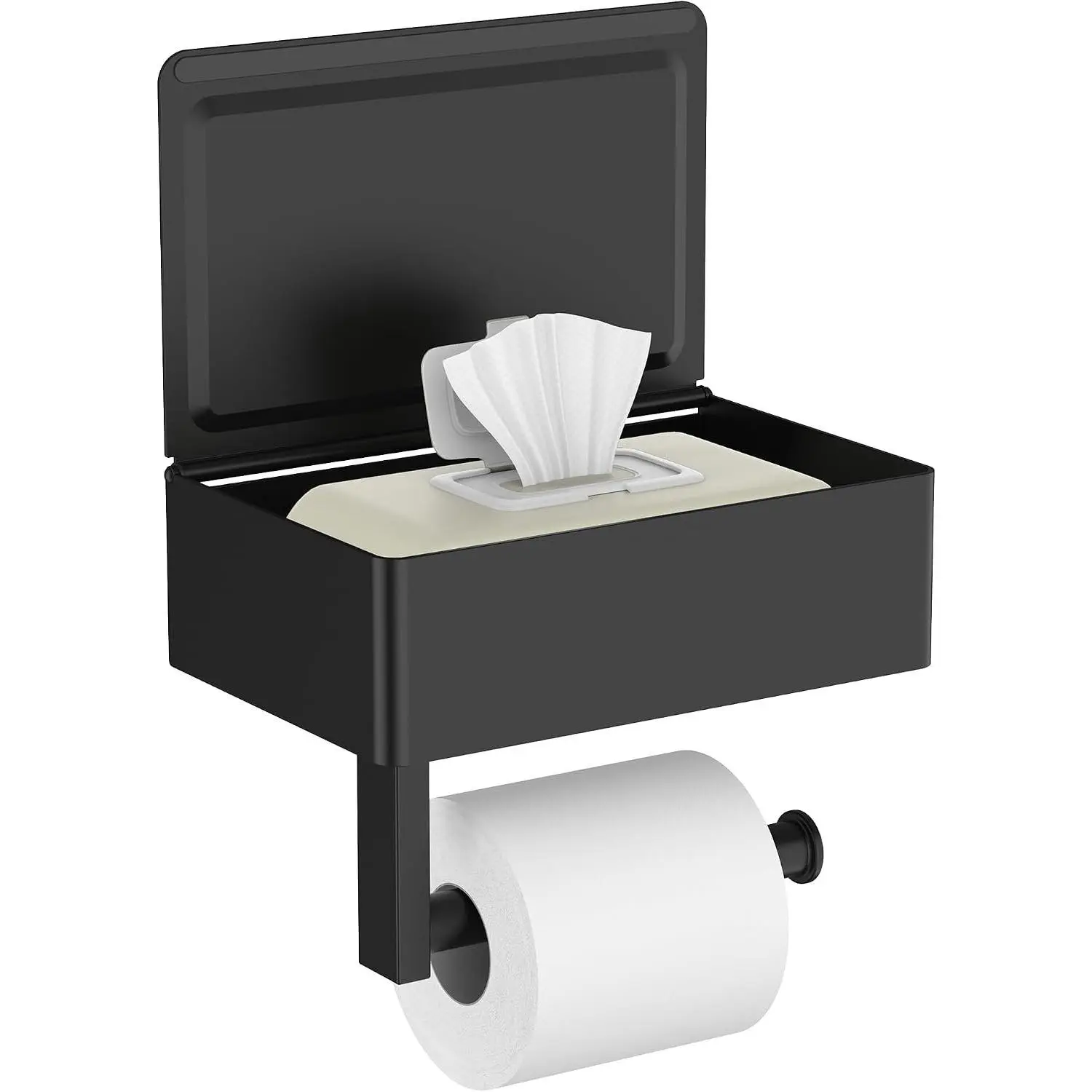 Toilet Paper Holder with Shelf, Sanitary Napkin Receptacle Tampon Holder, Wall Mount Toilet Paper Holder with Storage, Flushable Wipes Dispenser Fits for Bathroom Commercial(1, Matte Black)