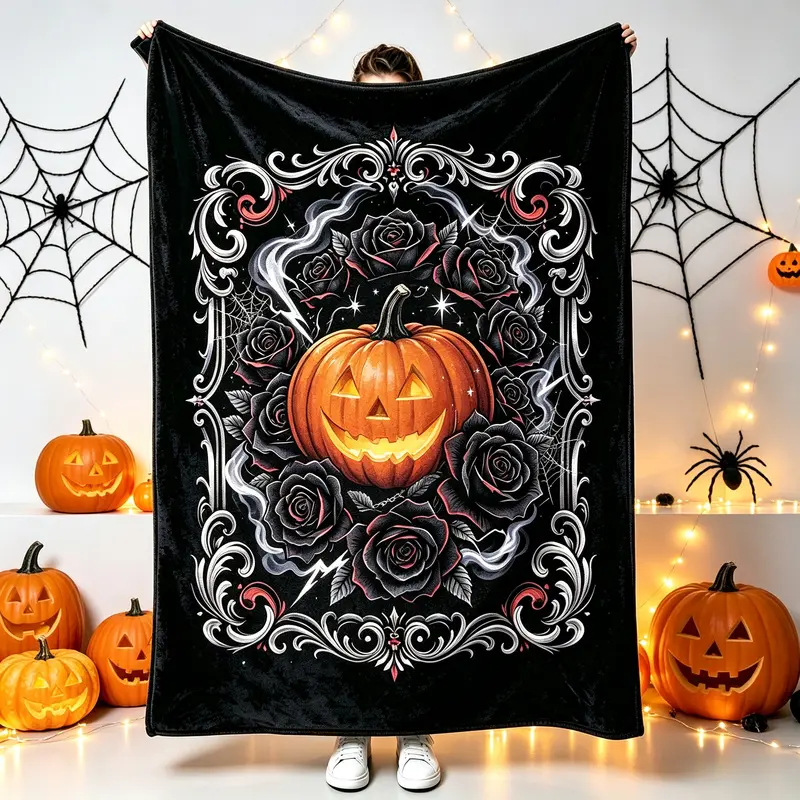 Halloween Ghost Face Pumpkin Black Rose Spider Web Vintage Embossed Print Black Flannel Blanket Dark Festive Atmosphere Thickened Warm Throw Blanket