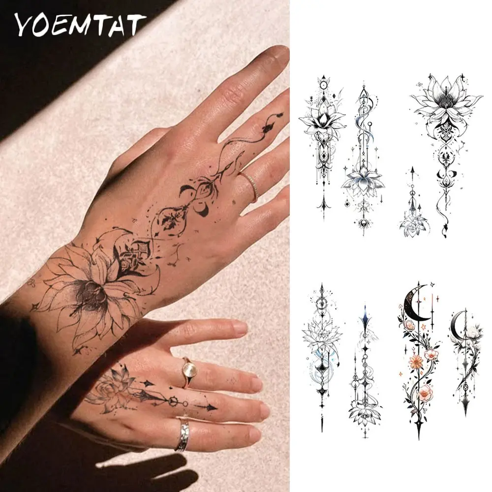 4pcs Hands Henna-style Waterproof Henna Tattoo Stickers Temporary Tattoo Sticker Black Fantasy Lotus Mandala Flower Moon Geometric Pattern Body Art Arm Couple Friends Fake Tattoos Sleeve For Women Men Waist Abdomen Shoulders Chest Legs