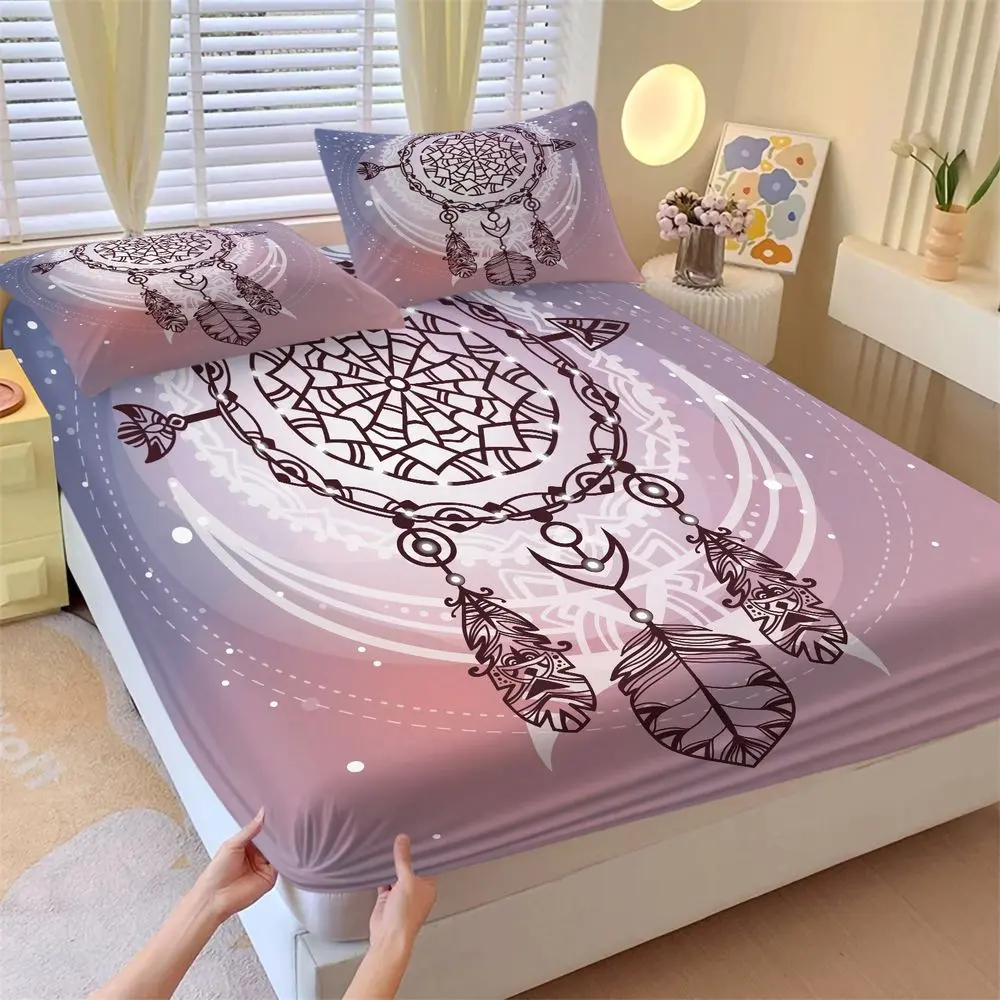 3Pcs Boho Dream Catcher Fitted Sheet Set, Celestial Moon and Feather Bed Sheets Set, Soft Microfiber Bedding Set for Bedroom Decor, Deep Pocket Bed Linens, Aesthetic Room Essentials No Fillers