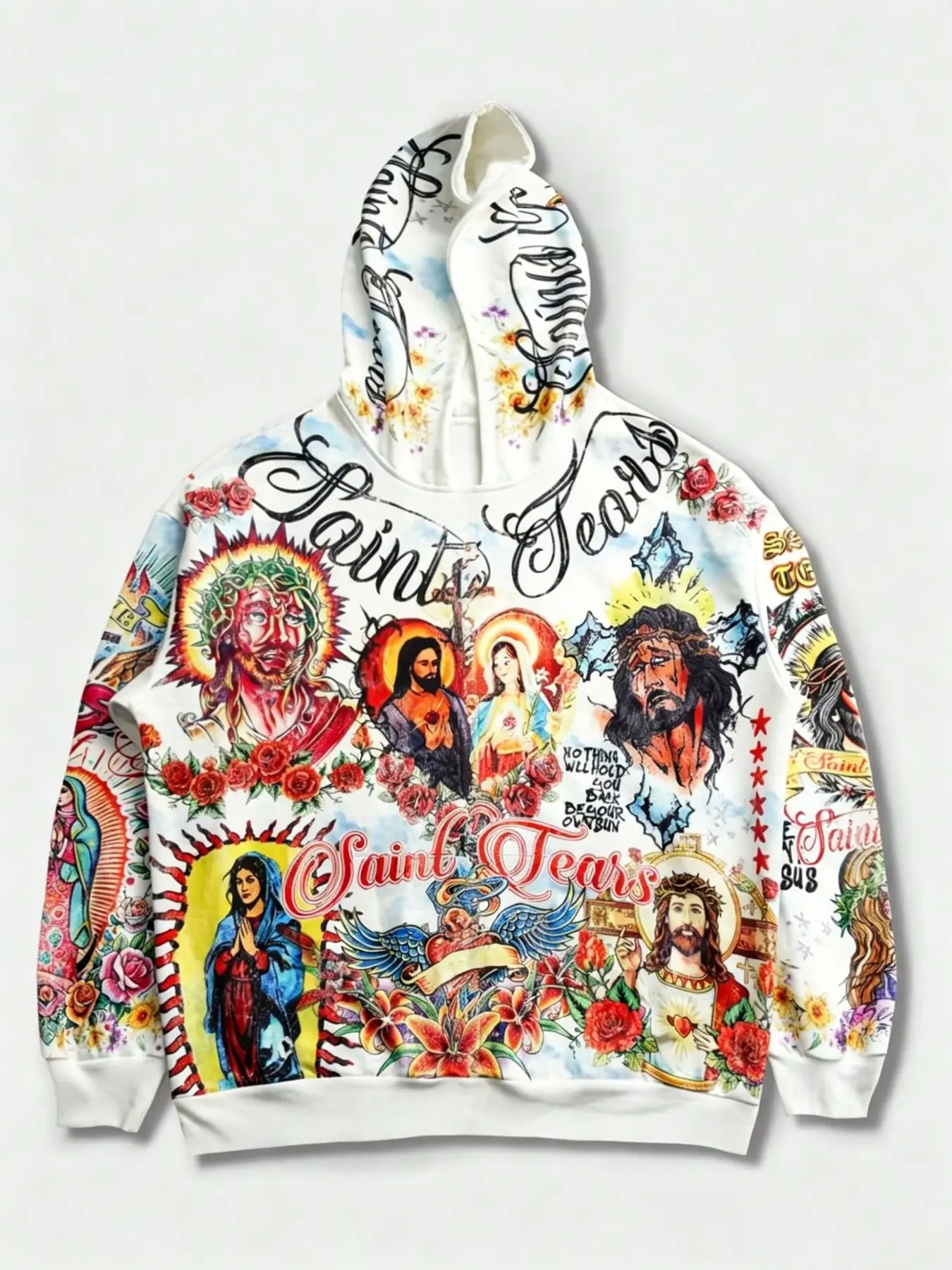 Vintage Saint Tears Religious 3D Full Print Hoodie, American Street Jesus Madonna 3D Print Faith Sweatshirt, Fall & Winter Loose-Fit