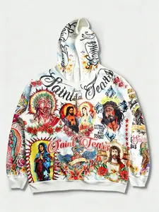 Vintage Saint Tears Religious 3D Full Print Hoodie, American Street Jesus Madonna 3D Print Faith Sweatshirt, Fall & Winter Loose-Fit