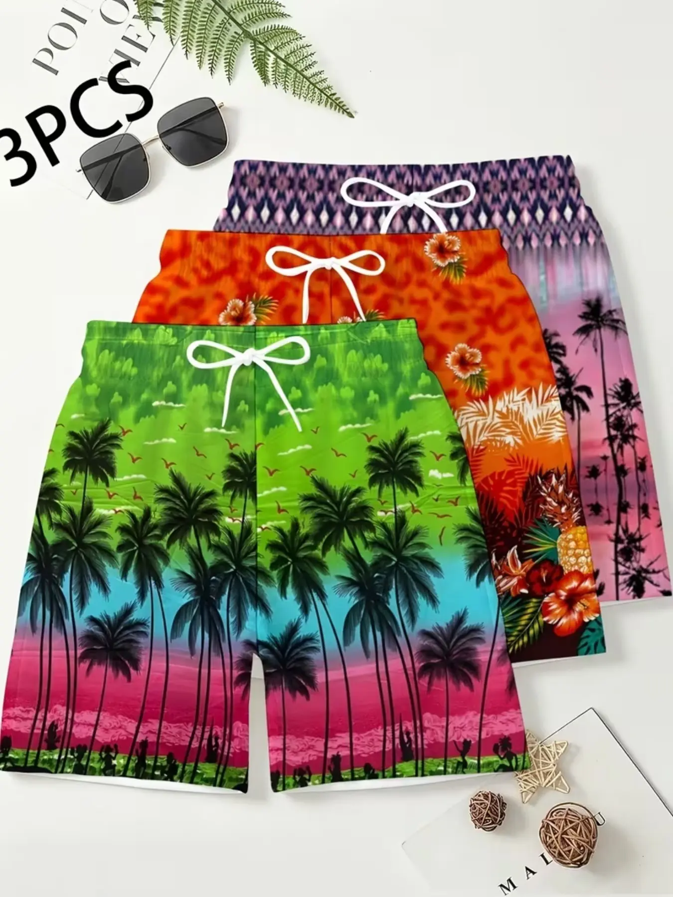 3-Pack Fashion Mixed Color Shorts Set, Elastic Drawstring Beach Pants, Casual Street Surf Shorts, Graffiti Letter Print, Casual Summer Outdoor Wear