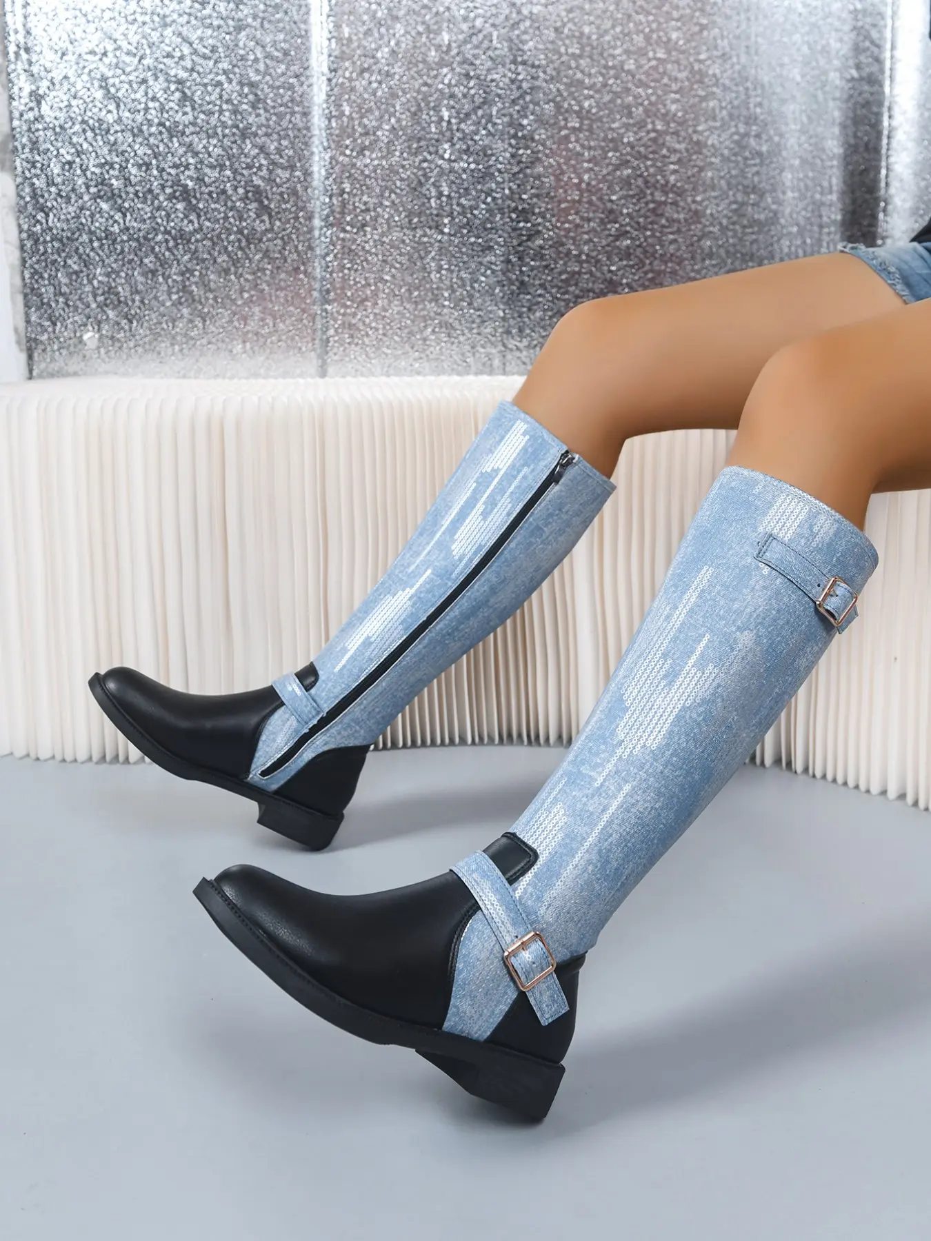 Women's Retro High Top Knight Boots, Metal Buckle Detail, Side Zipper Design, Soft Sole Comfortable, Casual Office Wear