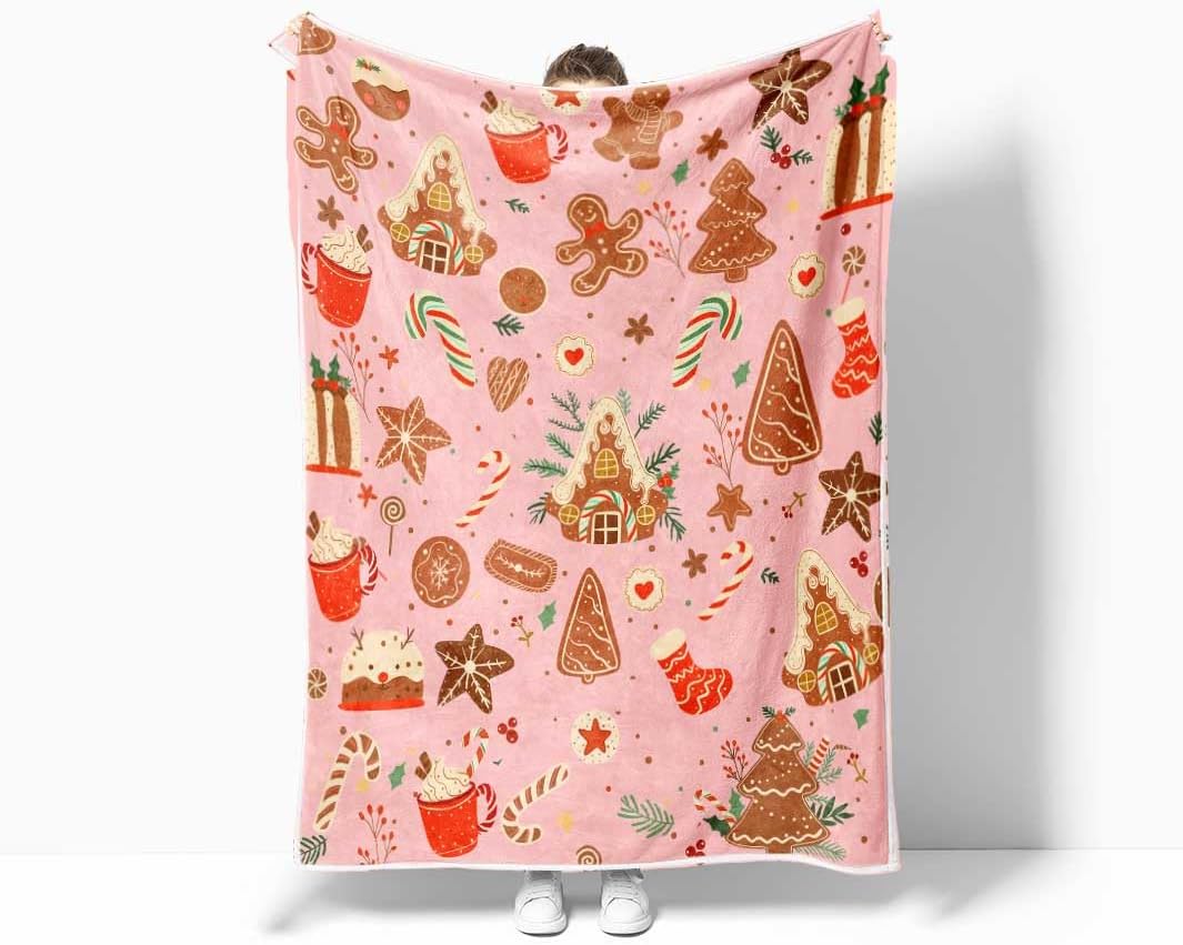 Pink Christmas Gingerbread Man Throw Blanket, Winter Cute Star Snowflakes Candy Cane Throws Blankets, Xmas Soft Lightweight Holiday Blanket for Couch Sofa Bed Chair Living Rooms Decor